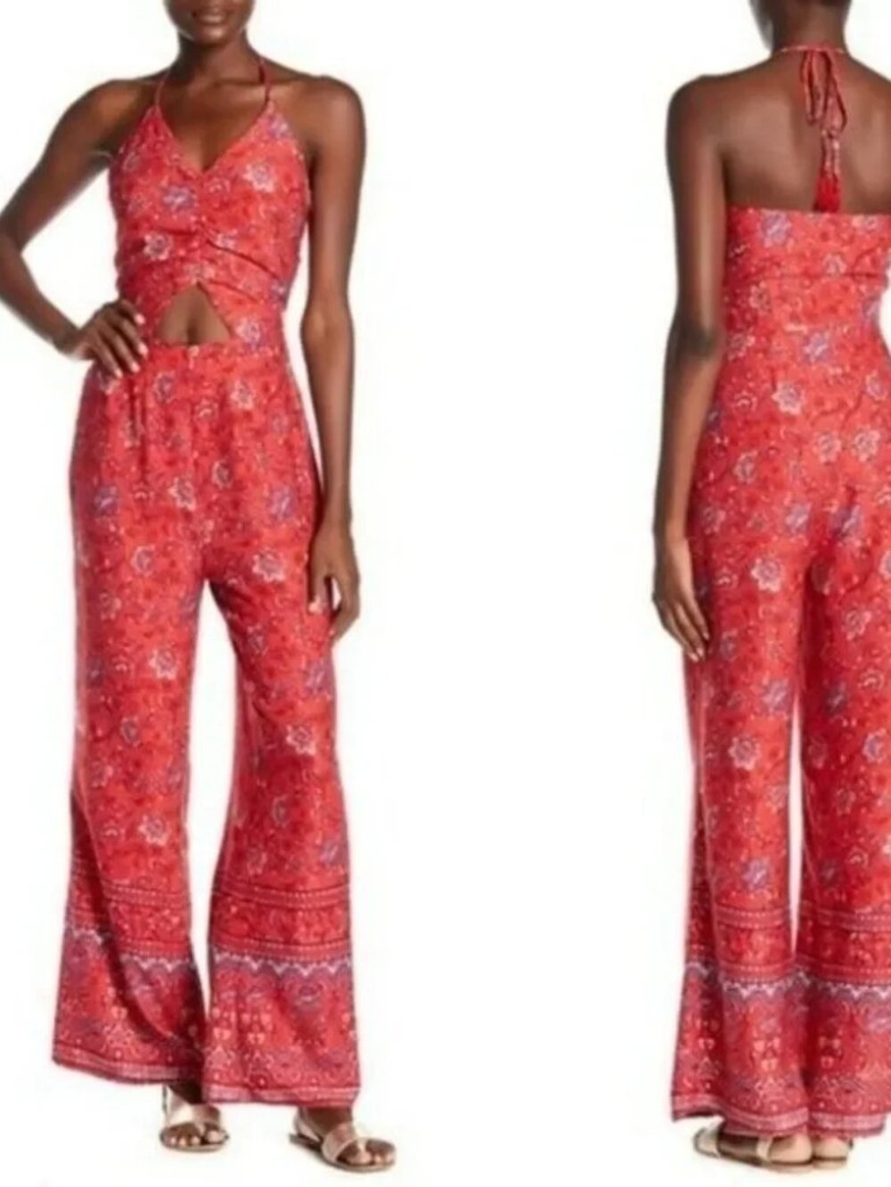 Minkpink Zion Printed Halter Jumpsuit Red Floral, Size L